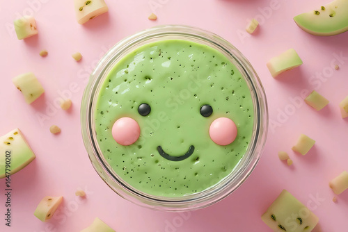 Cute Green Melon Pudding Dessert with Smiling Face on Pink Background