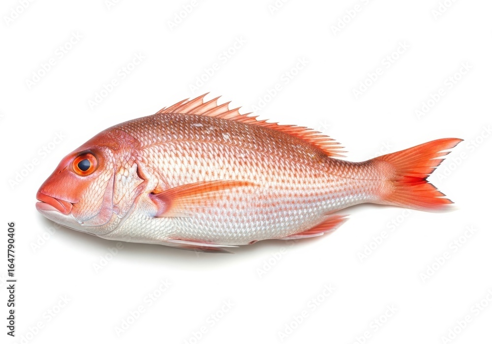 Obraz premium Whole fresh red snapper fish presented horizontally on white seafood