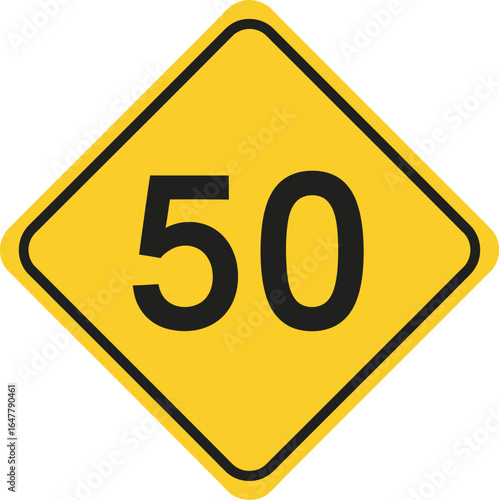 Yellow speed limit 50 sign isolated on white background, indicating the maximum speed allowed in that area is 50 miles or kilometers per hour