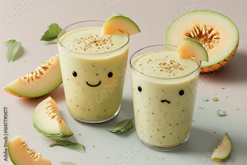 Cute Melon Smoothie Glasses with Smiling and Sad Faces, Fresh Melon Slices
