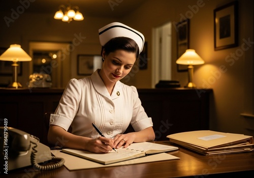 A focused professional nurse wearing a traditional white cap and uniform writes diligently at a vintage wooden desk