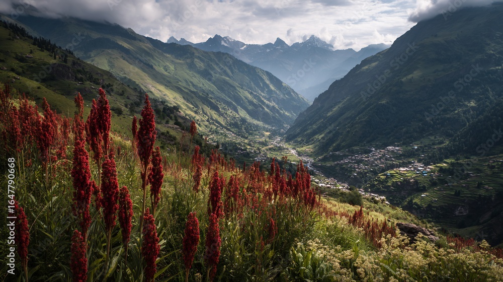 Naklejka premium Red wildflowers bloom in mountain valley, village in the distance, under cloudy sky, for travel