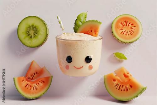 Cute Melon Smoothie with Smiling Face and Fresh Melon Slices in Kawaii Style