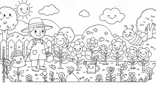 A cute cartoon child gardener in a spring garden with smiling flowers and a happy bee. Black and white vector coloring book page for kids.