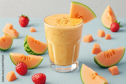 Fresh Cantaloupe Melon Smoothie with Strawberries – Minimalist Food Photography
