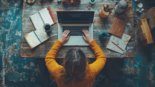 Overhead view of a person working at a rustic wooden desk.  A woman in a mustard yellow sweater types on a laptop, surrounded by notebooks, sketches, and other creative supplies