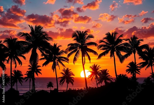 Silhouetted palm trees against a vibrant tropical sunset panorama, vacation, texture