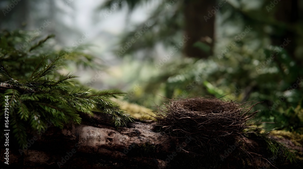 Abandoned animal nest resting on a fallen tree in the forest Abandoned animal nest resting on a fallen tree in the forest