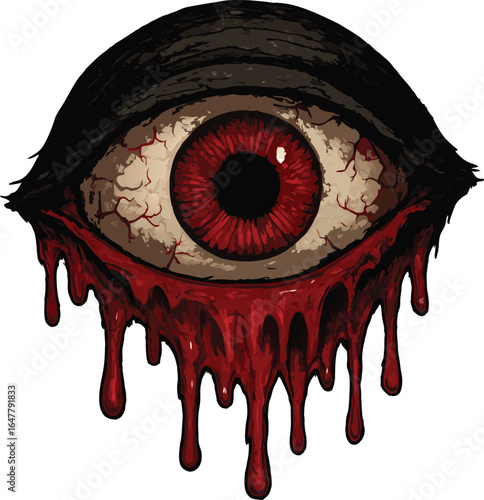 Graphic illustration of a bloodshot eye with dripping blood for halloween decoration