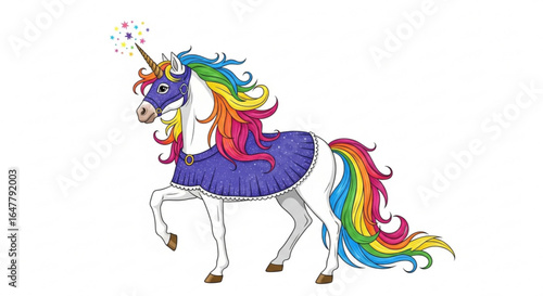 Illustration of a white unicorn with rainbow mane and tail wearing a purple dress and bridle