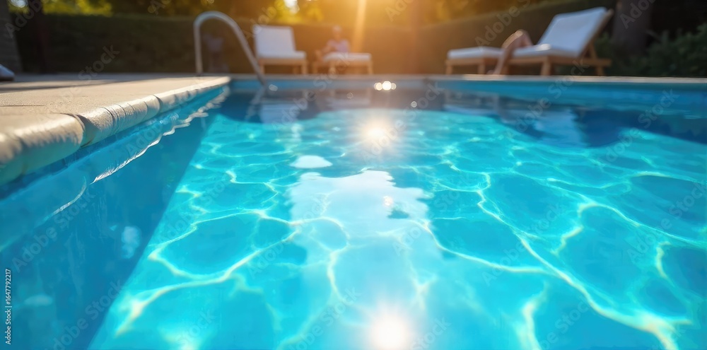 Obraz premium Sparkling blue swimming pool water shimmering under the summer sun, inviting and refreshing Perfect for summer vacation or relaxation themes , spa, toys