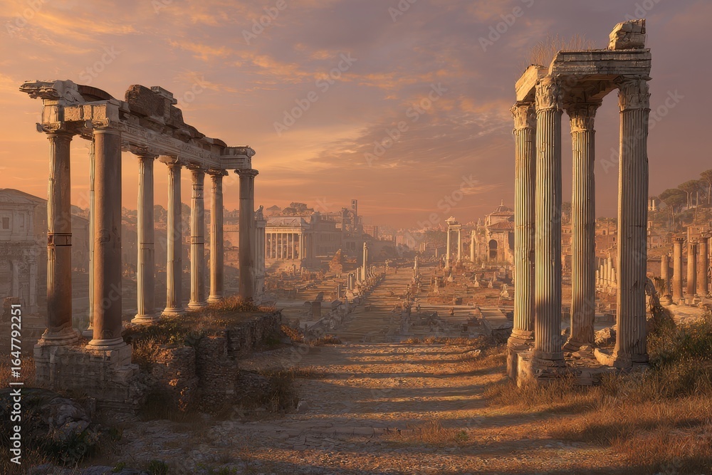 Fototapeta premium Roman Forum Ruins at Sunset: Ancient Columns and Architectural Remains
