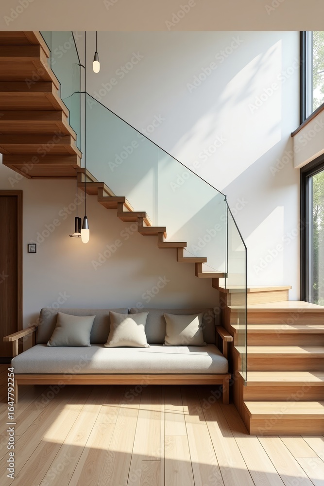 Obraz premium Modern Interior Design with Wooden Staircase and Comfortable Sofa in Bright Room