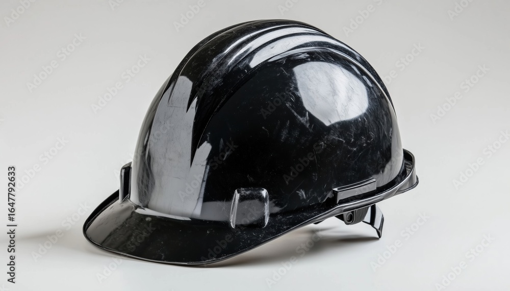 Fototapeta premium Black Construction Hard Hat: Durable Head Protection For Construction Work. This Hard Hat Is Designed For Safety And Comfort On Construction Sites. Protect Your Head With This Sturdy Helmet.