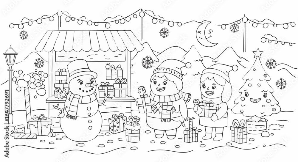Obraz premium Winter Holiday Coloring Page Children, Snowman, and Christmas Tree