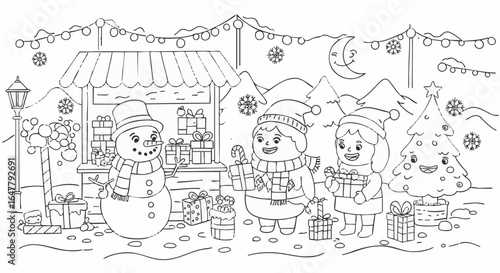 Wallpaper Mural Winter Holiday Coloring Page Children, Snowman, and Christmas Tree Torontodigital.ca