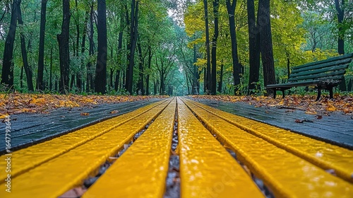 Park path with yellow stripes, autumnal setting