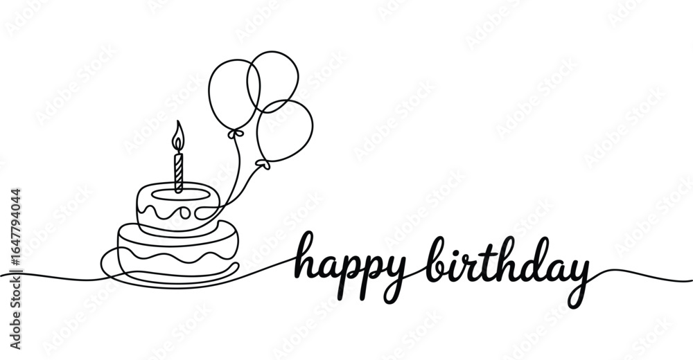 Naklejka premium Minimalist line drawing of birthday cake with candle and balloons, cursive happy birthday text for elegant celebration and greeting design