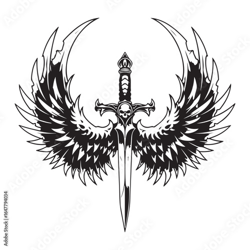 Grunge vector tattoo with an eagle wing and tribal cross, heraldic design of a vintage coat of arms with a skull