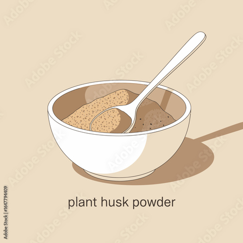 Plant Husk Powder Illustration in a Bowl with Spoon, Dietary Fiber Supplement Visual for Health & Wellness Concepts