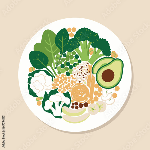 Colorful Plant-Based Bowl: Nutritious Vegetarian Meal Composition, Fresh and Vibrant Vegan Plate with Assorted Vegetables and Fruits