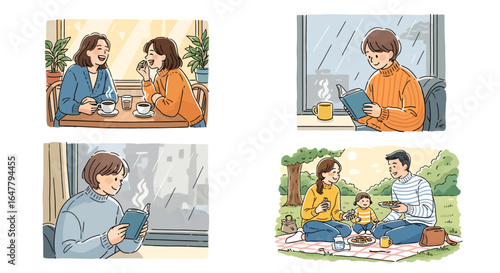 Cozy moments collection featuring friends chatting over coffee, peaceful reading by the window, and a happy family picnic in the park