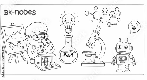 Kawaii coloring page featuring a boy scientist in a lab with a friendly robot. An educational illustration about science, discovery, and future innovation for kids.