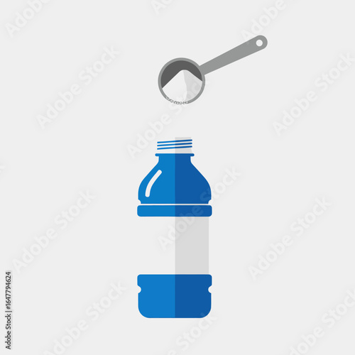 Adding supplement powder to a bottle of water, Mixing supplement powder and water in a bottle for sports nutrition