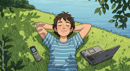 Peaceful boy relaxing by the water with laptop and phone in the grass, enjoying nature's tranquility and digital downtime in a serene setting