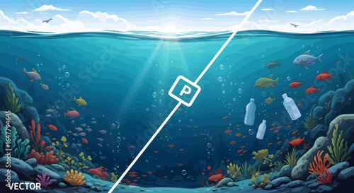 Vibrant underwater scene with marine life contrasted by plastic pollution, a call for ocean conservation with coral reef, fish, and sunlight streaming through