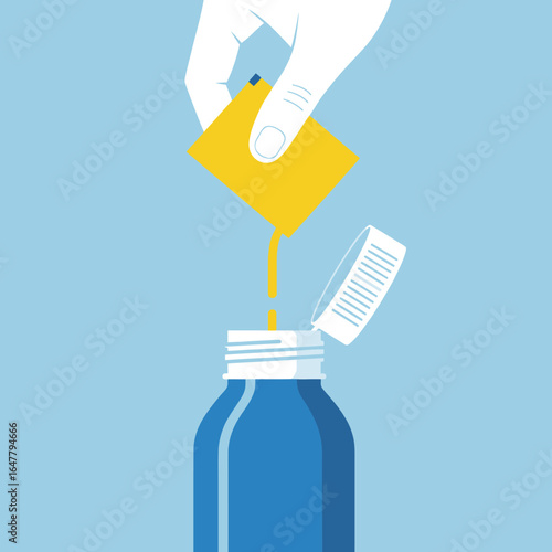 Adding Powdered Medicine to Liquid, A Yellow Packet Being Poured Into a Blue Medication Bottle
