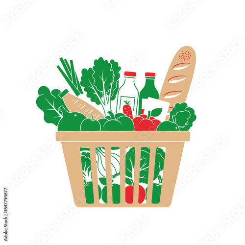 Basket full of fresh groceries, highlighting a variety of healthy options, Grocery basket with fresh produce, emphasizing a focus on healthy eating and sustainable living