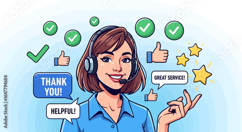 Friendly customer service representative with headset delivering exceptional support with thumbs up and star ratings for helpfulness and great service