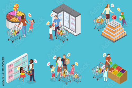 3D Isometric Flat Vector Illustration of Shoppers at Hypermarket, Family Members Maneuver Through Supermarket, Kids Excited For Treats, Parents Managing Shopping Lists
