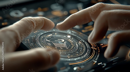 Hands interact with a futuristic shopping interface on a sleek device, indicating online purchasing