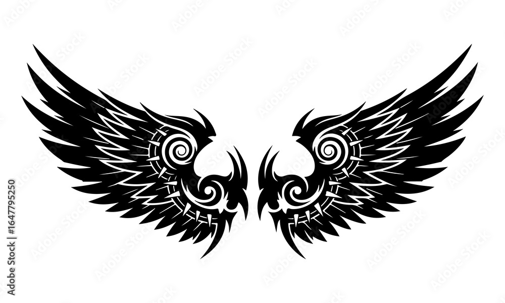 Fototapeta premium Black vector tattoo design of a flying eagle with detailed tribal wings and feathers