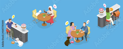 3D Isometric Flat Vector Illustration of Pet Friendly Cafe, Restaurant with Funny Animals