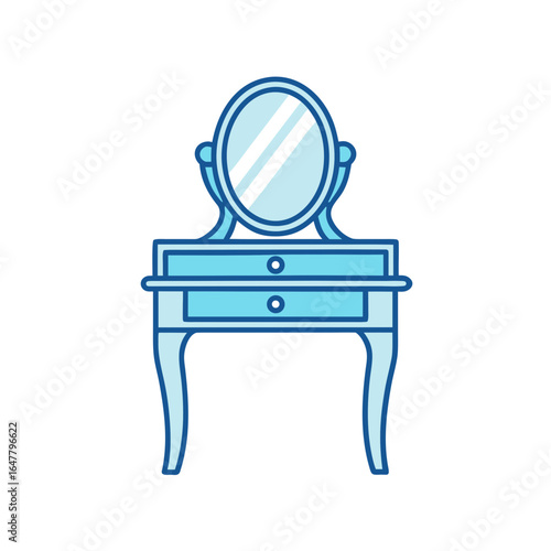 Elegant blue vanity table with oval mirror and drawers