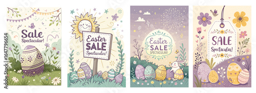 Colorful Easter sale cards featuring festive designs, cute characters, and vibrant egg motifs.