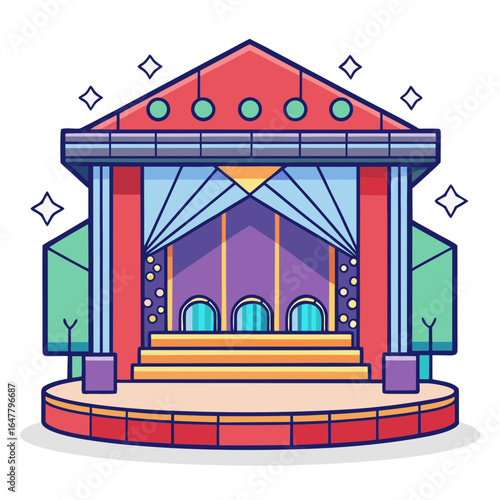 Vibrant stage performance venue with colorful curtains and spotlight effects