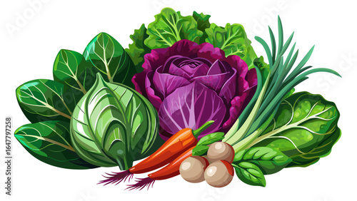 A fresh bunch of leafy green and reddish-purple vegetable rests gracefully against a clean white background, its crisp textures and vivid tones evoking natural beauty and wholesome freshness