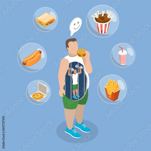 3D Isometric Flat Vector Illustration of Obesity and Overweight Problem, Unhealthy Diet and Junk Food