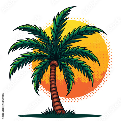 Palm tree illustration in front of a bright sunset background in comic style