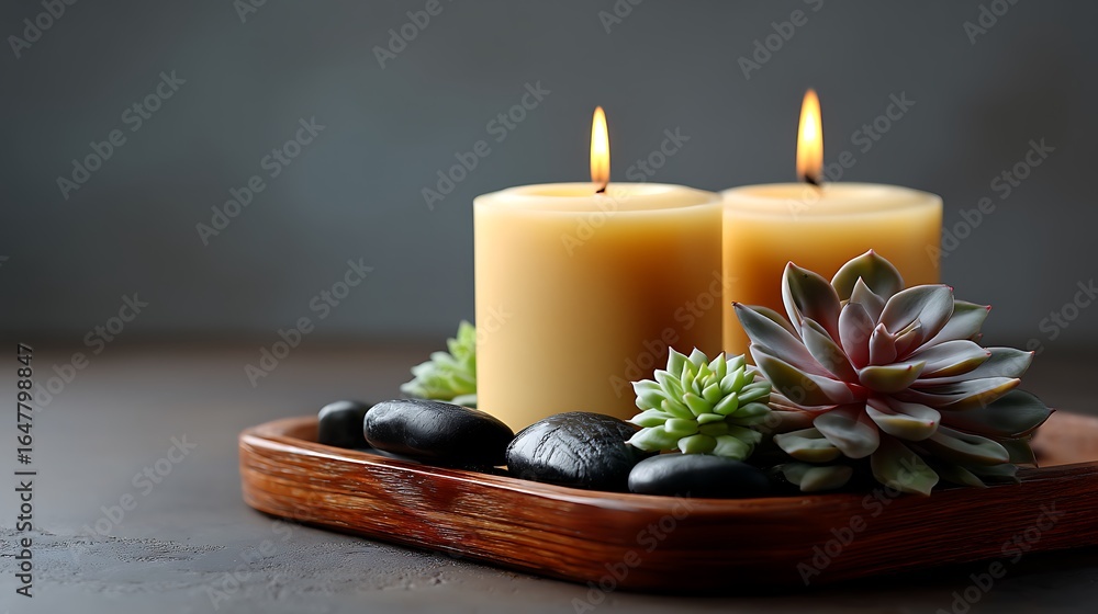 Obraz premium Serenity Ambiance with Two Candles and Succulents on Wooden Tray