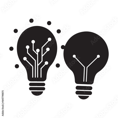 Silhouette icon of a light bulb with internal circuit-like lines and small surrounding dots, symbolizing digital intelligence and innovation. 