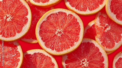 Wallpaper Mural Sliced grapefruit pieces on red background, flat lay composition, used for healthy eating Torontodigital.ca