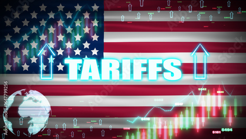 tariffs increase animation with digital elements on waving usa national flag and graph moving up side. Usa tariffs policy concept.