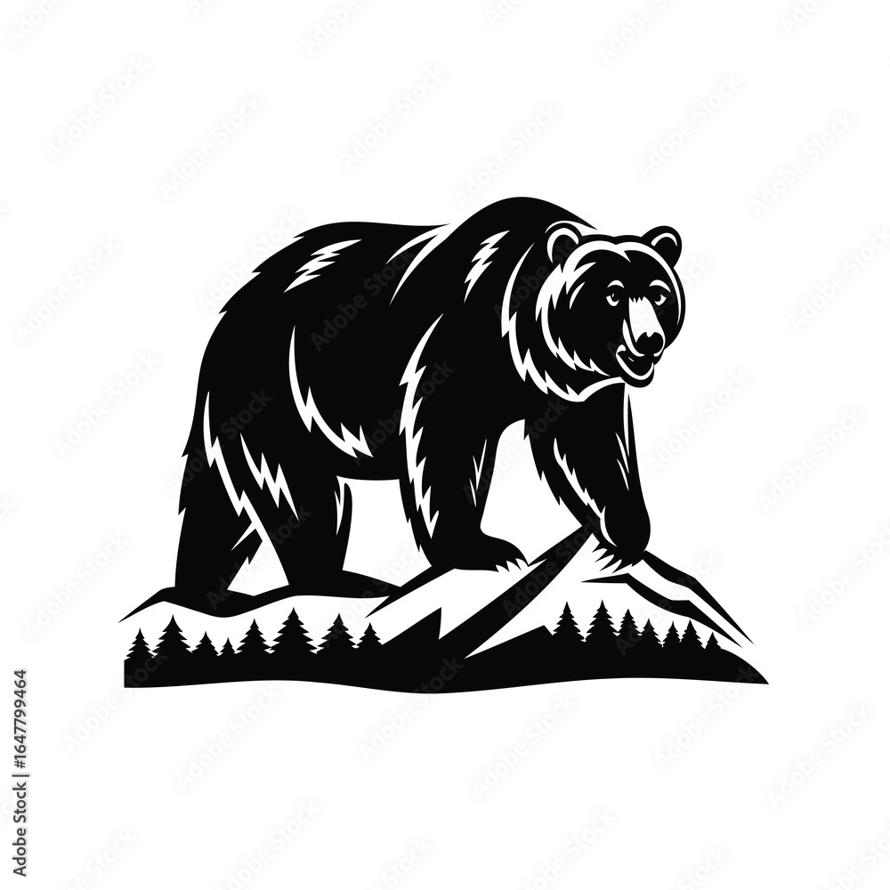 Obraz premium Monochrome graphic illustration of a bear in a forest setting on white