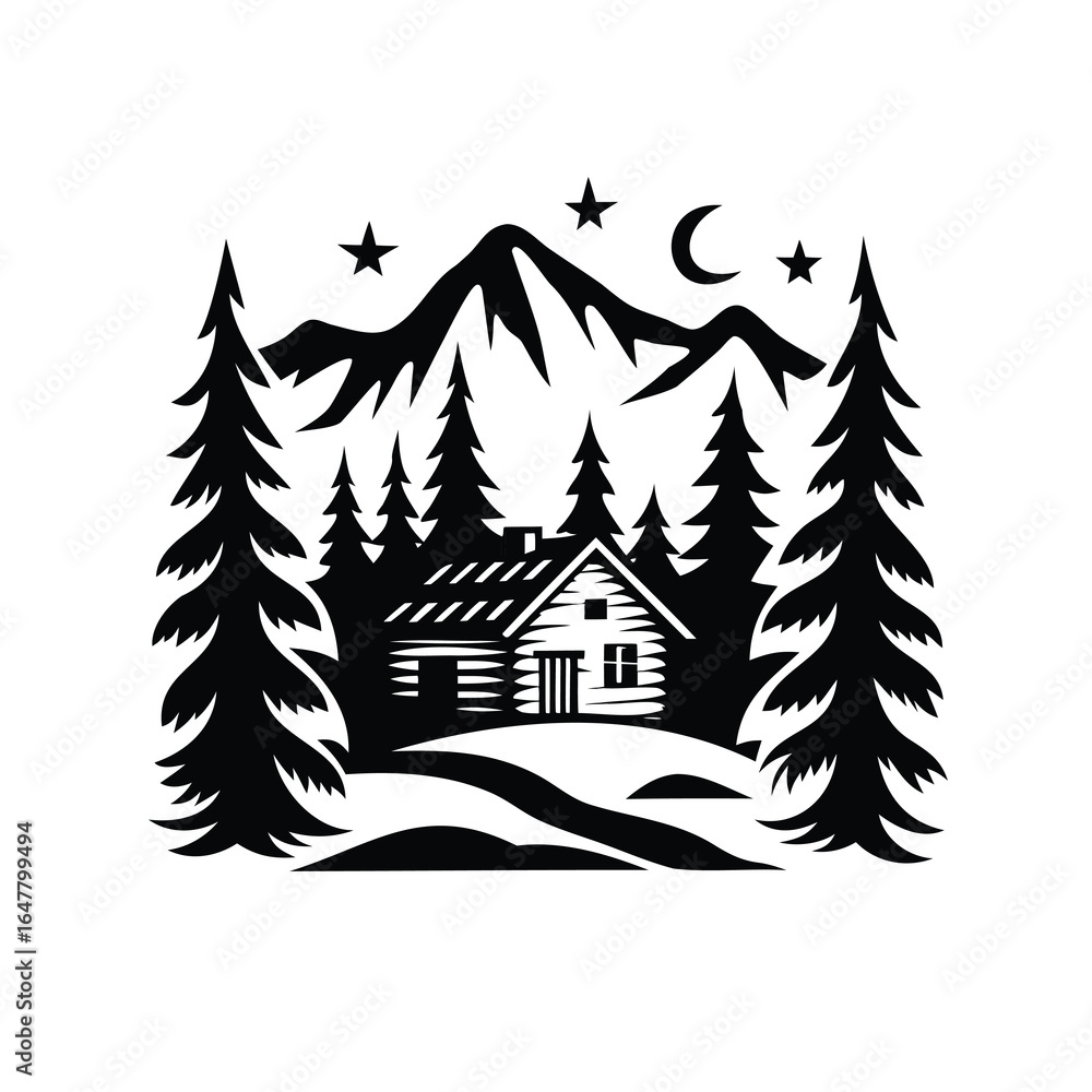 Fototapeta premium Cozy cabin retreat in the mountains under the stars and crescent moon