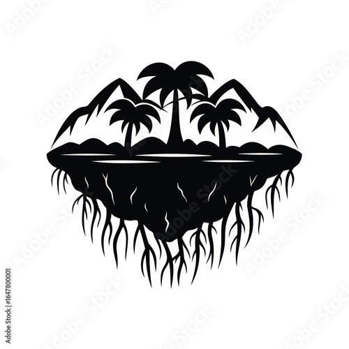 Tropical floating island with palm trees, mountains, roots, and water reflection